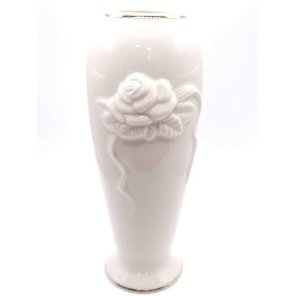 White Ceramic Vase With Rose Embossed Design & Gold Trim - Picture 7 of 11
